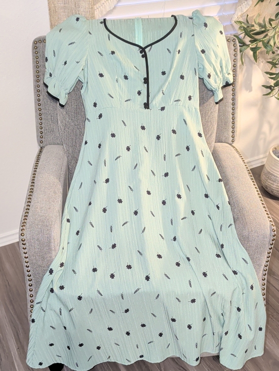 Dresses & Skirts - Mint Green Midi Dress with Black Trim and Floral Motif